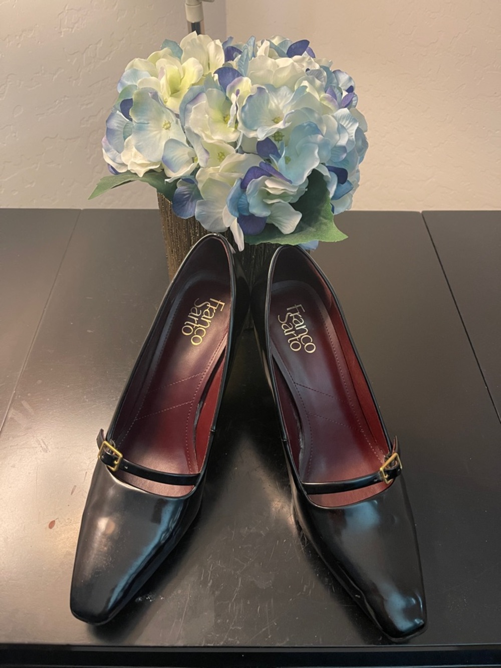 Franco Sarto Black Patent Leather Heels with Gold Buckle 3 in Heels